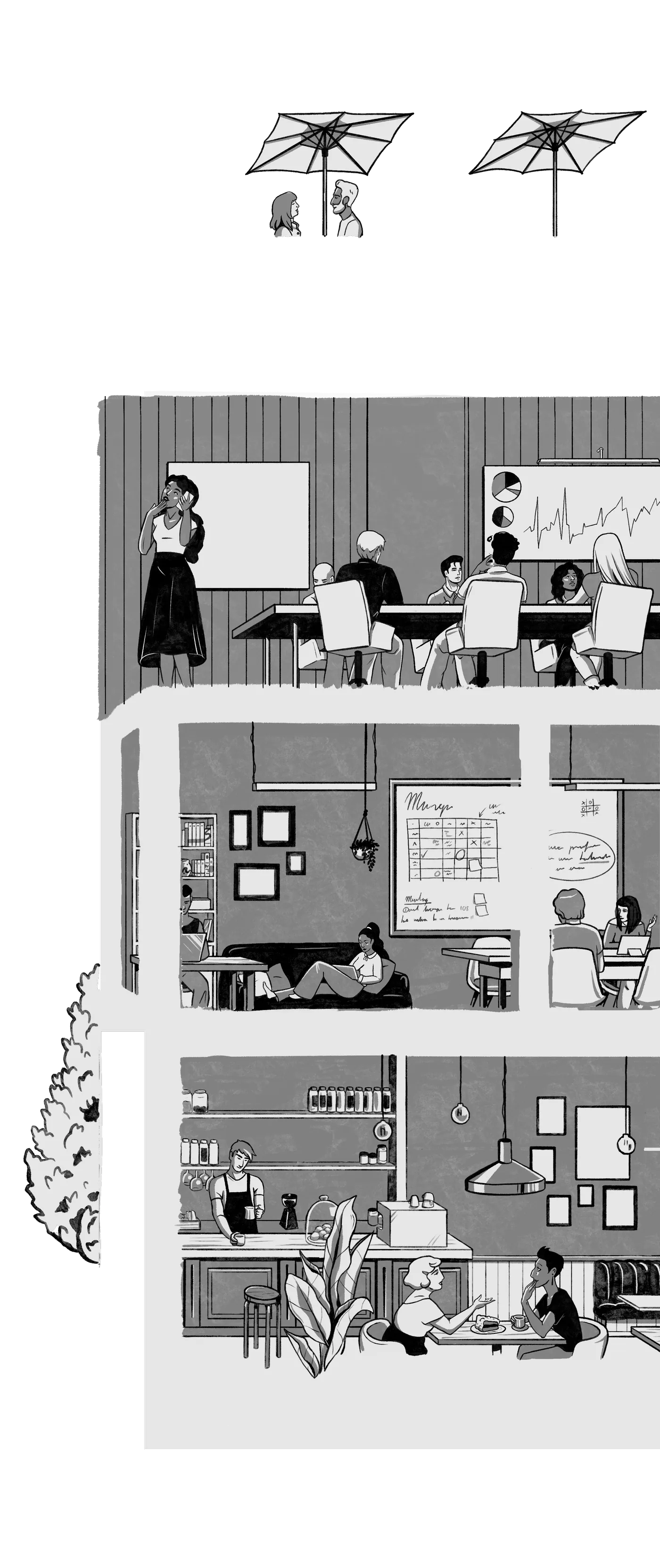 Illustrated three-storey building: a café on the ground floor, an office with a whiteboard above, a meeting room on top